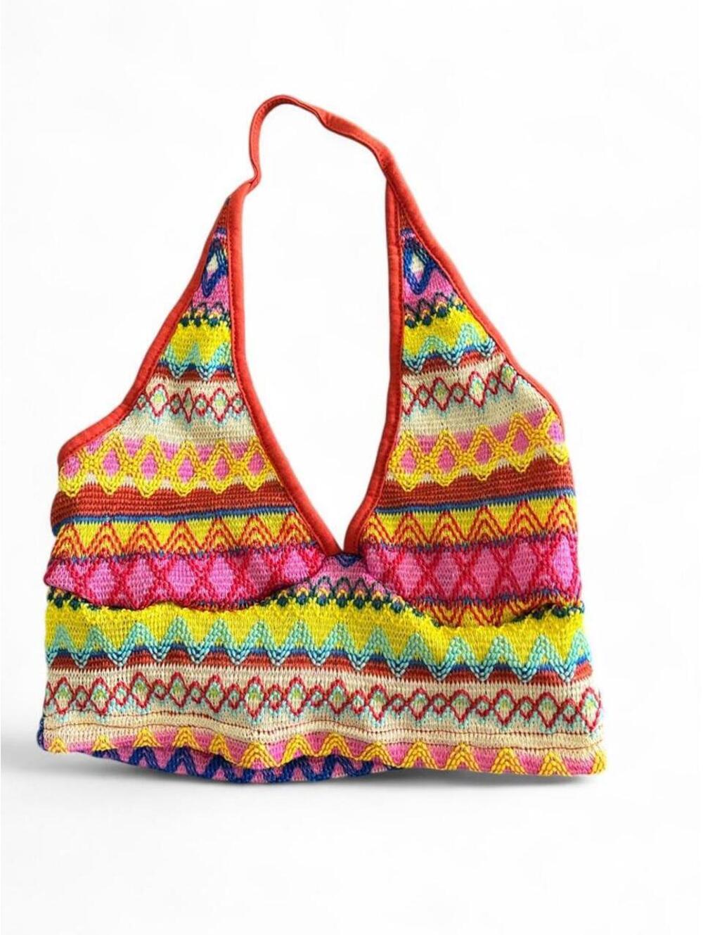 Women's Multi-Color Knit Halter Neck Crop Top with Deep V Neckline